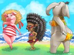 anthro beach bikini clothing eyewear female footwear group hat headgear headwear looking_at_viewer looking_back outside sandals seaside shoes straw_hat sunglasses swimwear trio two-piece_swimsuit wave sugaraptor illumination_entertainment sing_(movie) ash_(sing) meena_(sing) rosita_(sing) domestic_pig elephant elephantid mammal porcupine proboscidean rodent suid suine sus_(pig)