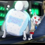 big_diaper clean_diaper clothed clothed_feral clothing diaper feral looking_at_viewer looking_back male open_mouth pawpads raised_tail red_eyes solo tail text text_on_diaper tongue tongue_out jupiters persona_(series) persona_3 koromaru canid canine canis domestic_dog mammal 1:1 hi_res