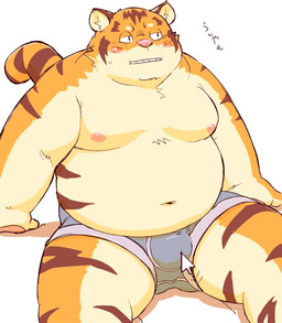 anthro belly blush bulge clothing kemono male moobs mouse_cursor navel nipples overweight overweight_male pink_nose simple_background sitting solo text underwear white_background meg_hoi felid mammal pantherine tiger 2021 japanese_text