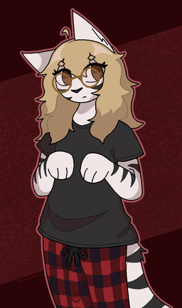 anthro black_body black_clothing black_fur black_shirt black_stripes black_topwear blonde_hair bottomwear brown_eyes clothing eyewear facial_markings female fur glasses hair head_markings long_hair looking_away markings pajama_pants pattern_bottomwear pattern_clothing paws plaid plaid_bottomwear plaid_clothing raised_paw shirt solo striped_arms striped_body striped_face striped_fur striped_markings striped_tail stripes tail tail_markings topwear white_body white_fur ashblondekittyy ashlyn_(ashblondekitty) domestic_cat felid feline felis mammal trans_(lore) trans_woman_(lore)