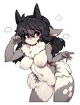 4_horns anthro areola black_hair blush breasts brown_eyes female fluffy fur genitals grey_body grey_fur grey_nipples hair horn multi_horn navel neck_tuft nipples pussy sheep_ears smile solo spots tuft white_body white_fur slugbox dakota_(kaggy1) bovid caprine mammal sheep 2023 absurd_res hi_res