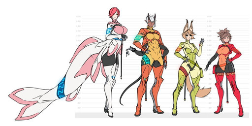 big_breasts big_tail bodysuit breasts brown_hair chart clothing dark_body dark_skin female green_bodysuit green_clothing green_skinsuit group hair height_chart horn looking_at_viewer medium_breasts not_furry orange_bodysuit orange_clothing orange_skinsuit red_bodysuit red_clothing red_hair red_skinsuit skinsuit standing tail thick_thighs tight_clothing white_bodysuit white_clothing white_hair white_skinsuit wide_hips randomtanstudio animal_humanoid canid canid_humanoid canine canine_humanoid fox_humanoid humanoid mammal mammal_humanoid