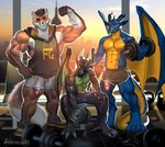 anthro balls_outline bottomwear bulge clothing countershading detailed_bulge dumbbell exercise genital_outline genitals group male muscular penis penis_outline penis_poking_out shirt shirtless shorts tail tank_top topwear weight_bench weightlifting weights workout behemoth89 mythology canid canine dragon fox mammal mythological_creature mythological_scalie scalie