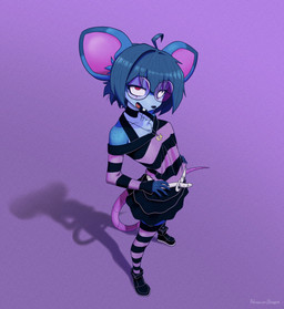 anthro belt big_ears blue_hair bottomwear buckteeth choker clothed clothed_anthro clothed_female clothing eyewear female footwear freckled_face freckles fully_clothed fully_clothed_anthro fully_clothed_female glasses hair jewelry leggings legwear long_sleeves necklace pattern_clothing pattern_leggings pattern_legwear pattern_shirt pattern_topwear round_glasses shirt shoes skirt solo striped_clothing striped_leggings striped_legwear striped_shirt striped_topwear stripes tail teeth topwear nosoyem21 mammal mouse murid murine rodent absurd_res hi_res