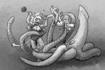 assisted_exposure breasts clothing female group morning_star nipples swimwear tentacle_grab tentacles trio undressing weapon p5ych latchkey_kingdom cephalopod coleoid decapodiform marine mollusk monster yuman 3:2 greyscale monochrome