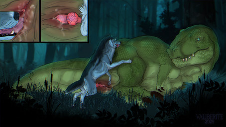 animal_genitalia animal_penis aroused balls blue_body blue_fur bodily_fluids butt canine_genitalia canine_penis close-up cum cunnilingus duo erection excited female female_penetrated feral feral_on_feral feral_penetrated feral_penetrating feral_penetrating_feral forest fur genital_fluids genitals grass green_body interspecies knot knotted_penis larger_female larger_penetrated licking male male/female male_penetrating male_penetrating_female oral outside penetration penis plant scales sex size_difference size_queen smaller_male snout tongue tree vaginal vulva valiberite kemoziri thure_(registeredjusttolurk3) canid canine canis dinosaur mammal prehistoric_species reptile saurischian scalie theropod tyrannosaurid tyrannosauroid tyrannosaurus tyrannosaurus_rex wolf comic hi_res