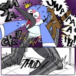 1:1 abdominal_bulge ahegao anal anthro avian bathroom bird blue_jay bodily_fluids cartoon_network comic corvid dialogue dripping drooling duo from_behind_position genital_fluids genitals glans humanoid_genitalia humanoid_penis jay_(bird) larger_male larger_penetrated looking_pleasured male male/male male_penetrated male_penetrating male_penetrating_male mammal mordecai_(regular_show) new_world_jay nude oscine passerine pb-art penetration penis perching_position precum precum_drip procyonid raccoon regular_show rigby_(regular_show) saliva sex size_difference small_dom_big_sub smaller_male sweat tongue tongue_out weak_knees