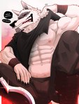 abs anthro armpit_tuft biceps bottomwear cheek_tuft chin_tuft claws cloak clothed clothing clothing_lift crouching dialogue facial_markings facial_tuft fur fuzzy glistening glistening_weapon grin hand_on_leg head_markings leg_wrap leg_wraps looking_at_viewer male markings mask_(marking) muscular muscular_anthro muscular_male neck_tuft nipples open_mouth open_smile pants particles poncho red_eyes seductive sharp_teeth sickle simple_background smile solo speech_bubble tailless teeth text tuft weapon white_body white_fur wrapped_legs wraps wrist_wraps obstacle033 dreamworks puss_in_boots_(franchise) death_(puss_in_boots) canid canine canis mammal wolf absurd_res hi_res spanish_text translated