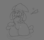 ambiguous_gender anthro big_butt biped black_text bubble_butt butt featureless_chest featureless_crotch grey_background huge_butt hyper hyper_butt mouth_closed partially_submerged simple_background solo sound_effects standing text thick_thighs water crawlything cephalopod coleoid decapodiform marine mollusk squid 2022 english_text hi_res monochrome