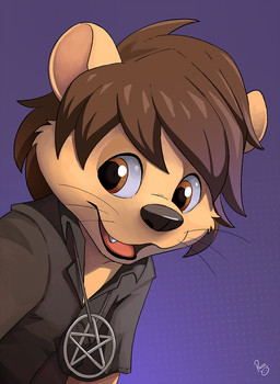 anthro black_clothing black_topwear brown_eyes brown_hair clothed clothing fangs front_view fur glistening glistening_eyes hair jewelry logo male necklace open_mouth open_smile purple_background short_hair simple_background smile solo tan_body tan_fur teeth topwear young young_anthro young_male pandapaco mammal mustelid otter artist_logo half-length_portrait hi_res portrait signature