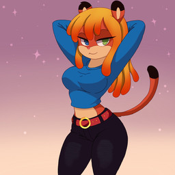 anthro big_breasts breasts clothing curvy_figure female hands_behind_head solo thick_thighs topwear v-neck virginia(adonis) irisottaa cougar felid feline mammal 1:1 hi_res