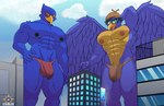 anthro blue_body blue_feathers bulge clothing duo feathered_wings feathers macro male male/male muscular muscular_anthro muscular_male nipples pecs speedo swimwear wings elpiratalakshm1 nintendo star_fox falco_lombardi heagle_jones avian bird absurd_res hi_res