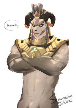abs anthro barely_visible_genitalia barely_visible_penis bovid_horn caprine_horn clothed clothing crossed_arms dialogue egyptian egyptian_clothing egyptian_headdress facial_hair fur genitals goatee horn light_body light_fur male midriff muscular muscular_male navel open_mouth orange_eyes partially_clothed penis ram_horn solo speech_bubble text scrumptiouscoal egyptian_mythology genshin_impact middle_eastern_mythology mihoyo mythology heryshaf_(genshin_impact) bovid caprine goat mammal 2026 digital_media_(artwork) digital_painting_(artwork) english_text hi_res painting_(artwork) signature