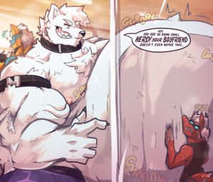 anthro belly belly_smother big_belly bodily_fluids bully group huge_belly male male/male musclegut muscular overweight overweight_anthro overweight_male rumbling_stomach smug_grin speech_bubble sweat text trio vein veiny_muscles booneyard capcom monster_hunter a0n_(a0nmaster) oda_(booneyard) zeus_(booneyard) canid canine canis domestic_dog fanged_wyvern mammal nordic_sled_dog odogaron samoyed spitz zinogre absurd_res english_text hi_res