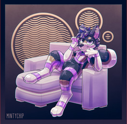 ambiguous_gender anthro black_body black_fur black_nose curled_tail digitigrade ear_piercing fur furniture harness inflatable latex piercing pool_toy purple_eyes purple_paws sitting sofa solo tail tan_body tan_fur white_body white_fur mintychipart jamie_(gayassdoggy) animate_inanimate canid canine canis domestic_dog living_inflatable living_pool_toy mammal shiba_inu spitz 2026 digital_drawing_(artwork) digital_media_(artwork) hi_res krita_(artwork) watermark