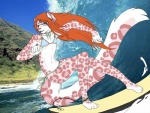 anthro beach bikini bikini_bottom bikini_top clothed clothing cloud crossdressing eyewear feet femboy fluffy fluffy_tail fur glasses hair heterochromia hindpaw leopard_spots long_hair long_tail male orange_hair outside paws pink_body pink_fur seaside skimpy sky solo spots surfer surfing swimwear tail two-piece_swimsuit water wave accelo accelo_(character) felid mammal pantherine snow_leopard