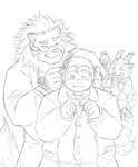 anthro blush chibi comb group horn male aotoaka lifewonders tokyo_afterschool_summoners chubby_protagonist_(tas) protagonist_(tas) salomonkun snow_(tas) bovid caprine felid goat human lion mammal pantherine absurd_res hi_res monochrome