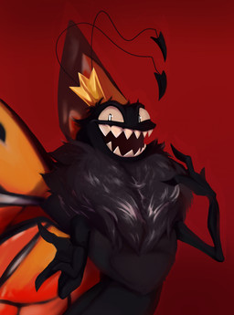 2_antennae 3_fingers ambiguous_gender antennae_(anatomy) anthro black_antennae black_body crown eyespots fingers gold_crown headgear insect_wings lepidopteran_wings looking_at_viewer markings monotone_background monotone_body multicolored_wings nude open_mouth orange_wings pupils red_background ruff sharp_teeth simple_background slim small_pupils smile solo teeth white_pupils wings loonieloo disney hoppers_(disney) pixar titus_(hoppers) arthropod butterfly insect lepidopteran monarch_butterfly hi_res