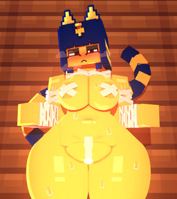 :< anthro bandage bandaged_arm big_breasts black_eyes blue_hair blush bodily_fluids breasts butt curvy_figure female female_anthro fur genitals hair huge_breasts looking_at_viewer makeup markings nipple_tape pasties pose pussy_tape simple_background solo square_(anatomy) striped_markings striped_tail stripes sweat sweatdrop tail tail_markings tape thick_thighs uraeus vulva wide_hipped_anthro wide_hipped_female wide_hips yellow_body coresvoid animal_crossing microsoft minecraft mojang nintendo xbox_game_studios ankha_(animal_crossing) canid domestic_cat felid feline felis mammal 2025 3d_(artwork) digital_media_(artwork) hi_res mine-imator_(artwork)