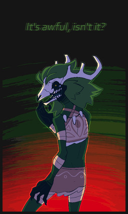 antlers black_body black_sclera bodily_fluids bone claws clothing crying dialogue fractured_bone fur green_body green_fur green_hair hair horn looking_at_viewer looking_back looking_back_at_viewer multicolored_body multicolored_clothing multicolored_fur multicolored_hair orange_eyes skull skull_head solo talking_to_viewer tan_clothing tears text two_tone_body two_tone_clothing two_tone_fur two_tone_hair white_antlers white_body white_clothing conditional_dnp welwraith wicker_(welwraith) deer mammal 2024 digital_drawing_(artwork) digital_media_(artwork) english_text