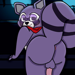 anthro anus balls big_tail bottomless butt clothed clothing control_room dark erection eye_contact fur genitals inside kerchief leaning leaning_on_object looking_at_another looking_at_viewer looking_back male markings neon_lights nude penis purple_body purple_fur rear_view scarf smile smirk solo standing striped_markings striped_tail stripes tail tail_markings toony exdyw indigo_park rambley_raccoon mammal procyonid raccoon 1:1 digital_drawing_(artwork) digital_media_(artwork) hi_res shaded