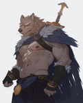 abs anthro biceps black_nose clothed clothing fur grey_body grey_fur male melee_weapon muscular muscular_anthro muscular_male nipples pecs scar simple_background solo sword weapon cuson elden_ring fromsoftware blaidd_(elden_ring) canid canine canis mammal wolf hi_res