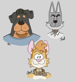 anthro black_body black_fur black_hair black_nose brown_body brown_fur clothing collar collared_shirt dominant dress_shirt fur hair male mature_male mohawk mullet pink_nose shirt slightly_chubby smile striped_body striped_fur stripes submissive tan_body tan_fur topwear whisker_spots white_body white_fur p_rindustries chuck_(p_rindustries) fred_(p_rindustries) will_(p_rindustries) canid canine canis dobermann domestic_cat domestic_dog felid feline felis mammal pinscher wolf hi_res