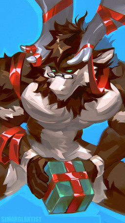 5_fingers anthro antlers biped brown_body brown_fur christmas_gift fingers fur green_eyes horn humanoid_hands male multicolored_body multicolored_fur muscular muscular_anthro muscular_male red_wraps solo two_tone_body two_tone_fur simargl_(artist) biff_the_moose deer mammal moose new_world_deer colored