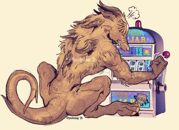 angry butt clenched_teeth eyeless feral horn male mane rear_view sitting slot_machine solo tail teeth yucksoup elden_ring elden_ring_nightreign fromsoftware executor_(nightreign) chimera primordial_beast 2025 hi_res