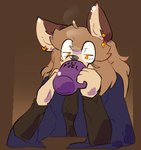 anthro clothed clothing coffee_mug container cup drinking ear_piercing ear_ring eyewear female fur glasses orange_eyes piercing ring_piercing solo tan_body tan_fur catjam_(artist) karina_(catjam) canid canine mammal