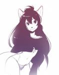 anthro bare_shoulders black_hair bulge clothed clothing crop_top femboy fur hair heart_symbol long_hair male panties shirt simple_background skimpy smile solo sweater topwear underwear white_background white_body white_fur suelix mercy_(suelix) domestic_cat felid feline felis mammal absurd_res digital_drawing_(artwork) digital_media_(artwork) hi_res restricted_palette