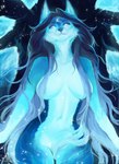 anthro blue_body blue_fur blue_hair convenient_censorship detailed_background eyebrows eyelashes female fur hair navel night outside sky smile solo star starry_sky juliathedragoncat canid canine fox mammal digital_media_(artwork) hi_res