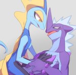 ambiguous_gender anthro blush duo face_to_face feral grabbing_wrist hand_on_chest male male/male on_lap sitting_on_another sitting_on_lap remmus_d nintendo pokemon generation_8_pokemon inteleon low_key_toxtricity pokemon_(species) toxtricity hi_res