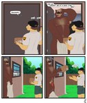 answering_door anthro balls barazoku belly blush box clothed clothed/nude clothing container delivery_(commerce) duo ear_piercing ear_ring eyewear facial_hair flaccid genitals glans glasses hat headgear headwear male male/male mustache nipples nude nude_male overweight overweight_anthro overweight_male penis piercing pubes public public_nudity ring_piercing text tanukichaos bear canid canine mammal absurd_res comic english_text hi_res