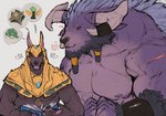 2_horns anthro duo facial_piercing horn male muscular muscular_anthro muscular_male nipples nose_piercing nose_ring piercing ring_piercing scar size_difference na1su league_of_legends riot_games tencent alistar_(lol) nasus_(lol) anubian_jackal bovid bovine canid canine canis cattle jackal mammal hi_res