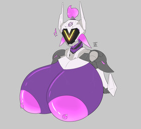 big_breasts breasts exclamation_point female glowing glowing_body hair huge_breasts machine metal metallic_body nipple_piercing nipples not_furry piercing pink_hair ponytail purple_body robotic solo surprised visor voidbeerfloat blizzard_entertainment overwatch kiriko_(overwatch) humanoid robot robot_humanoid absurd_res bust_portrait hi_res portrait