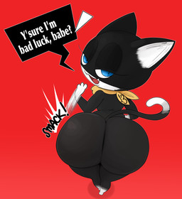 anthro bedroom_eyes big_butt biped black_body black_fur blue_eyes bottom_heavy butt butt_slap dialogue eyelashes femboy fur half-closed_eyes high-angle_view huge_butt jiggling kerchief looking_at_viewer looking_back looking_back_at_viewer male male_anthro markings mask narrowed_eyes nude onomatopoeia open_mouth open_smile presenting presenting_hindquarters raised_tail rear_view red_background scarf seductive shortstack shortstack_male simple_background slap slapping_own_butt slapping_self smile solo sound_effects speech_bubble standing tail tail_markings talking_to_viewer teasing text thick_thighs white_body white_fur wide_hips ota_(artist) atlus megami_tensei persona_(series) persona_5 sega morgana_(persona) domestic_cat felid feline felis mammal tuxedo_cat 2020 digital_media_(artwork) english_text hi_res