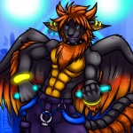 abs anthro blue_eyes bottomwear bracelet clothing collar ear_piercing feathered_wings feathers fur glowstick grin horn jewelry male pants piercing smile solo tail wings yellow_horn barrin84 mythology sandalf dragon feathered_dragon feathered_scalie furred_dragon furred_scalie mythological_creature mythological_scalie northern_dragon scalie 1:1 hi_res