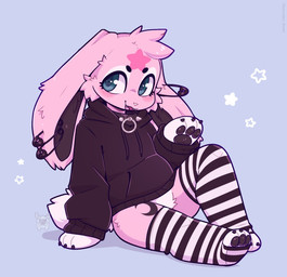anthro arm_support black_claws black_clothing black_collar black_eyebrows black_hoodie black_pawpads black_topwear blue_eyes blush cheek_tuft chibi claws clothing collar ear_piercing eyebrows eyelashes facial_tuft female fur head_tuft hoodie legwear long_ears looking_back markings open_mouth pattern_clothing pattern_legwear pattern_stockings pawpads piercing pink_body pink_fur pink_nose simple_background sitting solo spiked_collar spikes star_(marking) stockings striped_clothing striped_legwear striped_stockings stripes tail topwear tuft white_markings fleurfurr lagomorph leporid mammal rabbit 2023 cel_shading colored digital_drawing_(artwork) digital_media_(artwork) hi_res shaded