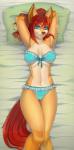 5_fingers anthro blue_eyes bra camel_toe clothing curvy_figure detailed_background female fingers frilly frilly_clothing frilly_panties frilly_underwear hair hourglass_figure lying midriff navel on_back panties red_hair solo thigh_gap underwear knight_dd amber_wildfire canid canine fox mammal 2018 digital_media_(artwork) hi_res