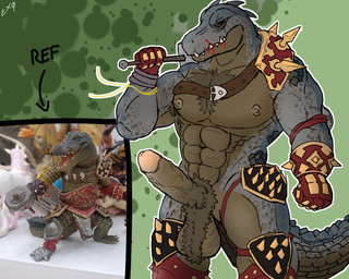 abs accessory anthro armor armpit_hair balls biceps big_balls big_muscles big_pecs big_penis blood blood_on_face bodily_fluids body_hair bushy chest_hair clothing dominant dominant_male erection fur gauntlets genitals gloves grey_body hairy_balls handwear holding_object holding_weapon jewelry looking_at_viewer male melee_weapon muscular muscular_anthro muscular_male nipples nude pecs penis scales simple_background smile solo spikes tail teeth weapon exoticdragonbeing crocodile crocodilian reptile scalie 5:4 hi_res reference_image
