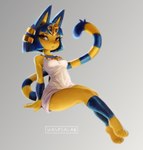 :< anthro blue_hair breasts cleopatra_hairstyle clothed clothing dress female fur hair headgear headwear jewelry looking_at_viewer necklace paws simple_background sitting small_breasts solo tight_clothing tight_dress white_clothing yellow_body waspsalad animal_crossing nintendo ankha_(animal_crossing) domestic_cat felid feline felis mammal 2022 digital_media_(artwork) hi_res shaded