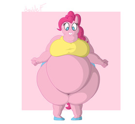5_fingers anthro belly big_belly blue_eyes bottomwear clothed clothing deep_navel female fingers footwear fur happy huge_belly hyper hyper_belly morbidly_obese morbidly_obese_anthro morbidly_obese_female navel obese obese_anthro obese_female overweight overweight_anthro overweight_female pink_body pink_fur shirt shoes shorts solo standing tail topwear doublef-returns friendship_is_magic hasbro my_little_pony pinkie_pie_(mlp) equid equine horse mammal pony hi_res shaded