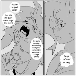 anthro blush blush_lines bodily_fluids border bulge clothed clothed_male clothing detailed_bulge dialogue duo erection erection_under_clothing eyes_closed genital_outline genitals hair high-angle_view male navel nipples open_mouth penis penis_base penis_outline pubes requesting sex_request sharp_teeth simple_background speech_bubble standing sweat sweatdrop teeth text thought_bubble tongue underwear underwear_only white_border nerunaur errato_(noirzvault) spot_(noirzvault) domestic_cat felid feline felis mammal 1:1 2026 comic english_text hi_res monochrome signature