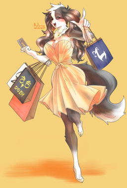 anthro big_breasts black_body black_fur black_hair blush breasts clothed clothing credit_card dress female footwear fur gesture hair hand_gesture happy high_heels kemono multicolored_body multicolored_fur off_shoulder open_mouth open_smile pigtails pointing shoes shopping_bag simple_background smile solo two_tone_body two_tone_fur white_body white_fur yellow_clothing yellow_dress noruru3737 border_collie canid canine canis collie domestic_dog herding_dog mammal pastoral_dog sheepdog hi_res