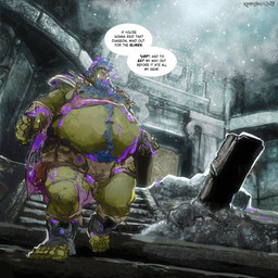 beard belly belly_hair big_belly bloated blue_hair body_hair burping chest_hair dialogue dungeon facial_hair green_body green_skin hair inflation male mature_male nipples slime solo text tusks aokamidu humanoid orc 1:1 english_text hi_res