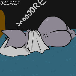 ambiguous_gender anthro bed bedding big_butt blanket butt furniture grey_body lying male on_side pillow sleeping snoring solo lspagf axo_(axoarts) domestic_cat felid feline felis mammal 1:1 absurd_res hi_res
