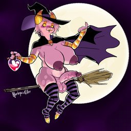 anthro arm_warmers armwear big_breasts big_butt big_penis blush breast_expansion breasts butt butt_expansion clothed clothing expansion footwear genital_expansion genitals gynomorph hat headgear headwear horn intersex legwear nipples pattern_arm_warmers pattern_armwear pattern_clothing pattern_footwear pattern_legwear pattern_socks penis penis_expansion puffy_nipples sharp_teeth socks solo striped_arm_warmers striped_armwear striped_clothing striped_footwear striped_socks stripes surprised teeth topless underwear witch_costume witch_hat harlequinkiller vikkie_(harlequinkiller) bovid caprine caprine_demon demon domestic_cat felid feline felis goat goat_demon hybrid mammal 1:1 absurd_res hi_res