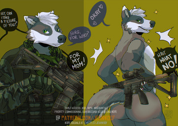 acog_scope anthro bulletproof_vest gear gun male multicam multicolored_body nude nude_anthro nude_male ranged_weapon rifle rifle_barrel rifle_scope rifles solo tactical_gear tactical_gloves tactical_load_carring_vest weapon jeanwoof animal_humanoid badger humanoid mammal mammal_humanoid mustelid musteline