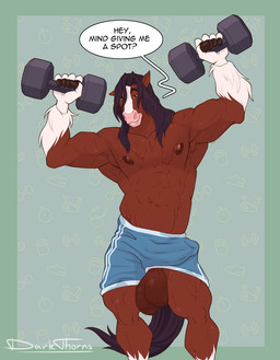 abs anthro areola ball_slip balls balls_out balls_through_leghole big_balls biped bodily_fluids bottomwear bulge clothed clothing detailed_bulge dialogue erection erection_under_clothing exercise fur genital_outline genitals hair holding_object holding_weights looking_at_viewer male male_anthro muscular muscular_anthro muscular_male nipples pecs penis_outline saggy_balls shorts simple_background smile solo speech_bubble standing sweat sweaty_balls sweaty_genitalia tail talking_to_viewer teeth text topless topless_anthro topless_male wardrobe_malfunction weightlifting weights workout darkthorns equid equine horse mammal digital_media_(artwork) english_text hi_res